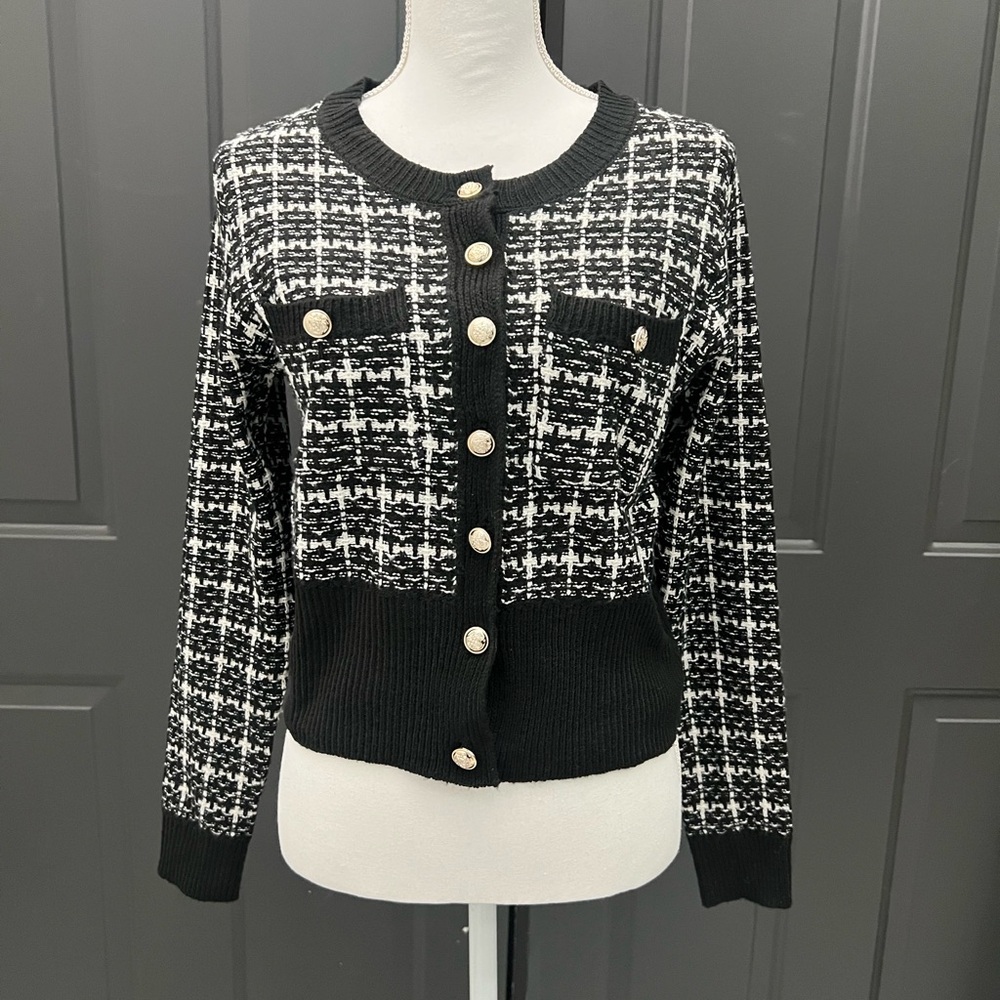 SHEIN Black and White Plaid Cardigan